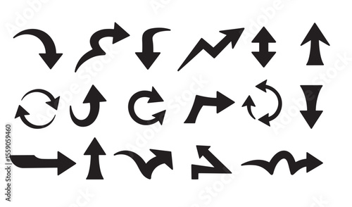 A comprehensive collection of black arrow icons representing various directions and movements
