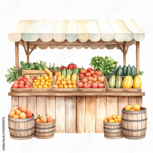 Watercolor Painting of a Farmers Market Stand