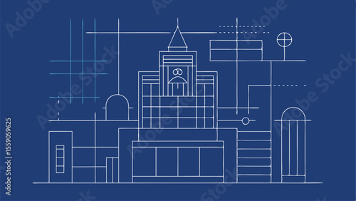 Minimalist architectural blueprint design with detailed structure and construction elements in white outline