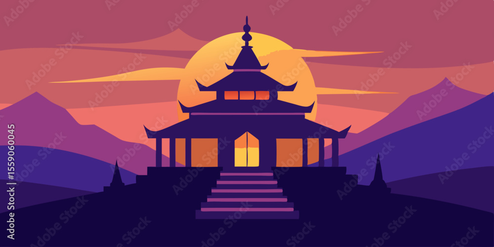 Obraz premium Serene Sunset Landscape Pagoda Silhouette at Dusk