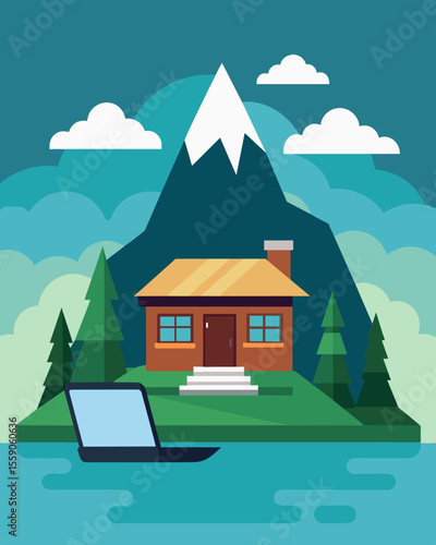 The simplicity of mountain life enhanced by the convenience of a reliable laptop in a secluded cottage.. Vector illustration