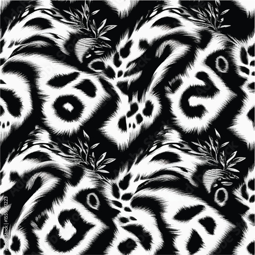 Wild animal seamless patterns feature detailed tiger and zebra fur textures with black stripes, perfect for natural print designs