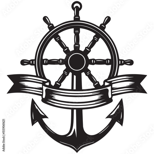 Nautical emblem featuring a ship s wheel anchor and ribbon banner