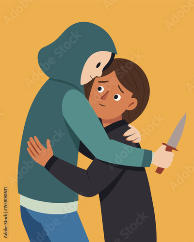 With their arms wrapped tightly around the victim the person giving the hug slyly released a small flick knife from their sleeve.. Vector illustration