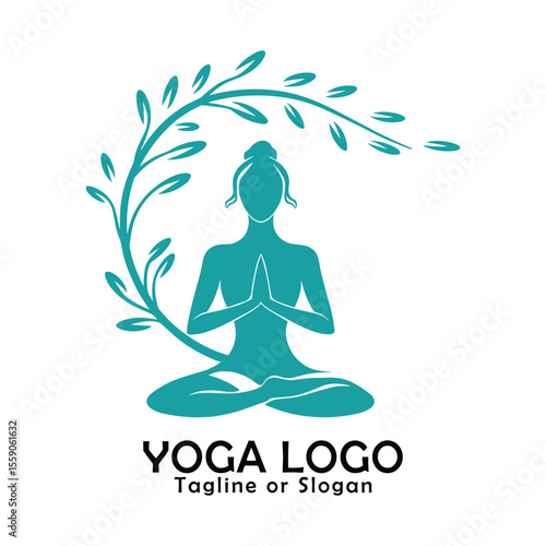 Elegant Yoga Logo Design with Silhouette of Meditating Woman and Teal Branch