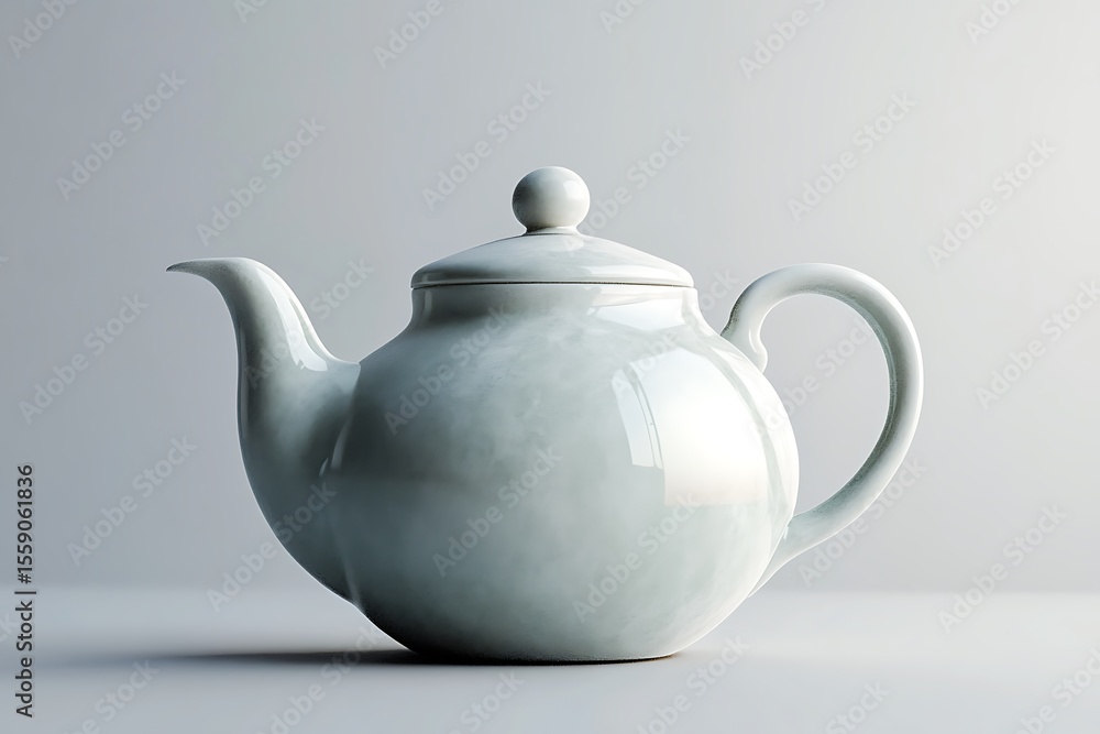 Ceramic teapot with a rounded body and curved spout rests quietly on a plain surface Ceramic teapot with a rounded body and curved spout rests quietly on a plain surface