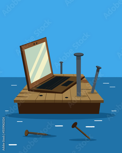The rusted nails of the old wooden dock add character to the scene as a laptop is od and ready for use.. Vector illustration