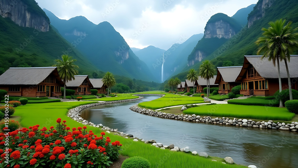 Fototapeta premium Serene Mountain Resort with Waterfall Views