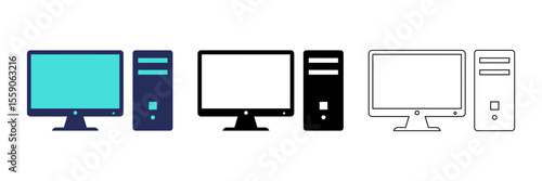 A set of computer icons in various styles, including blue, black, and grey, isolated on white background