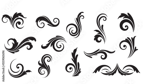 Decorative flourishes and swirls icon set in elegant black design