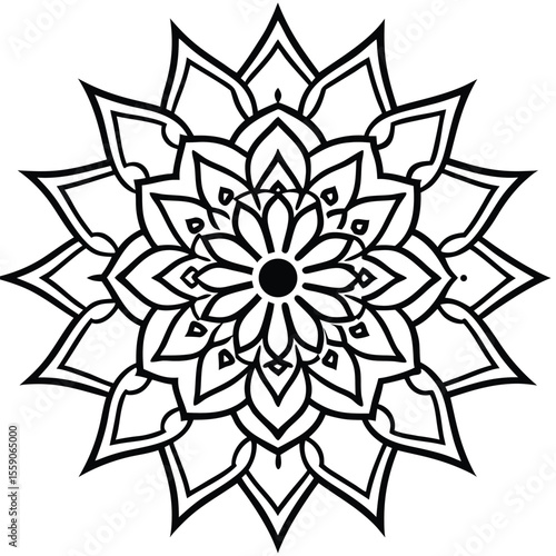 circular floral mandala design in black line art style for decorative and artistic use