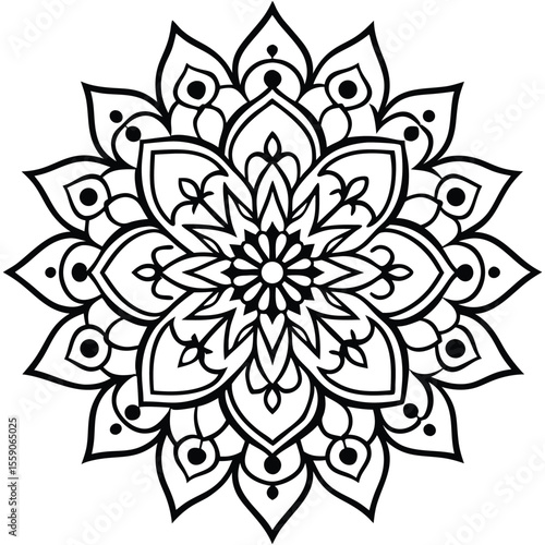 circular floral mandala design in black line art style for decorative and artistic use