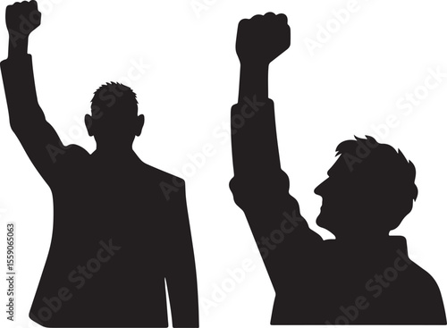 Two men raising fists in victory silhouette celebration