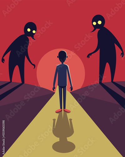 The shadows snarl and sneer taunting and belittling the solitary figure standing in their midst.. Vector illustration