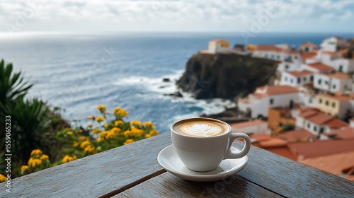 Frothy cappuccino displays latte art, sitting on a wooden table overlooking a coastal town