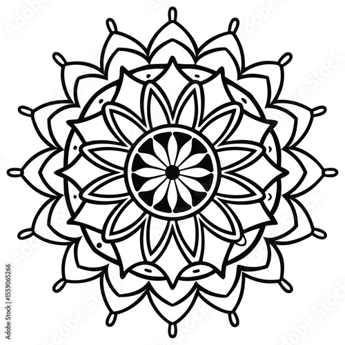 circular floral mandala design in black line art style for decorative and artistic use