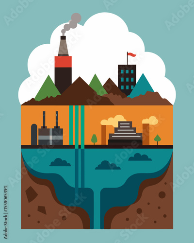 A crosssection of a landfill showing layers of industrial waste a testament to the negative consequences of reckless industrial practices.. Vector illustration