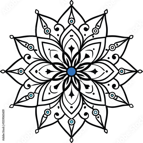 circular floral mandala design in black line art style for decorative and artistic use
