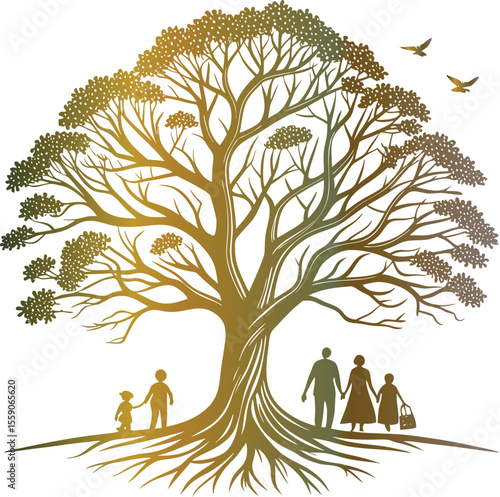 Stylized Family Tree with Birds and Roots branches leaves