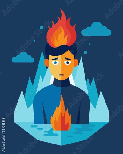Despite the frigid surroundings the persons emotions burned hotter than the hidden depths of the iceberg.. Vector illustration