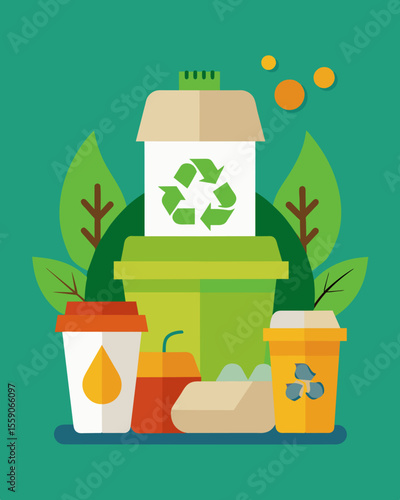 A local restaurant adopts a new policy of using only biodegradable takeout containers actively reducing their environmental impact and joining the communitys recycling efforts.. Vector illustration