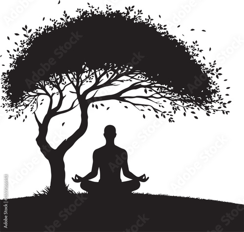 Serene person meditating under a leafy tree silhouette
