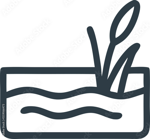Minimalist vector illustration of a pond with water waves and plants, evoking nature and tranquility in a clean design