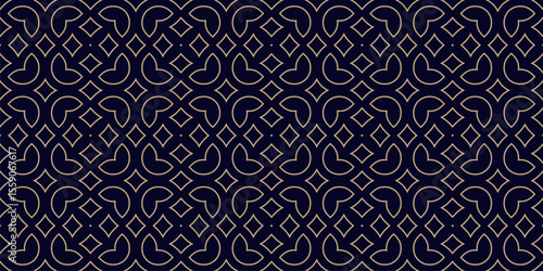 Luxury vector floral seamless pattern in oriental style. Black and gold texture with outline flowers, leaves, diamonds, curved lines. Abstract geometric background design. Golden arabesque ornament