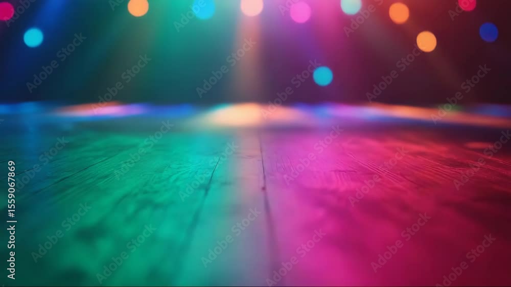 Vibrant colors and lights shining on wooden dance floor  