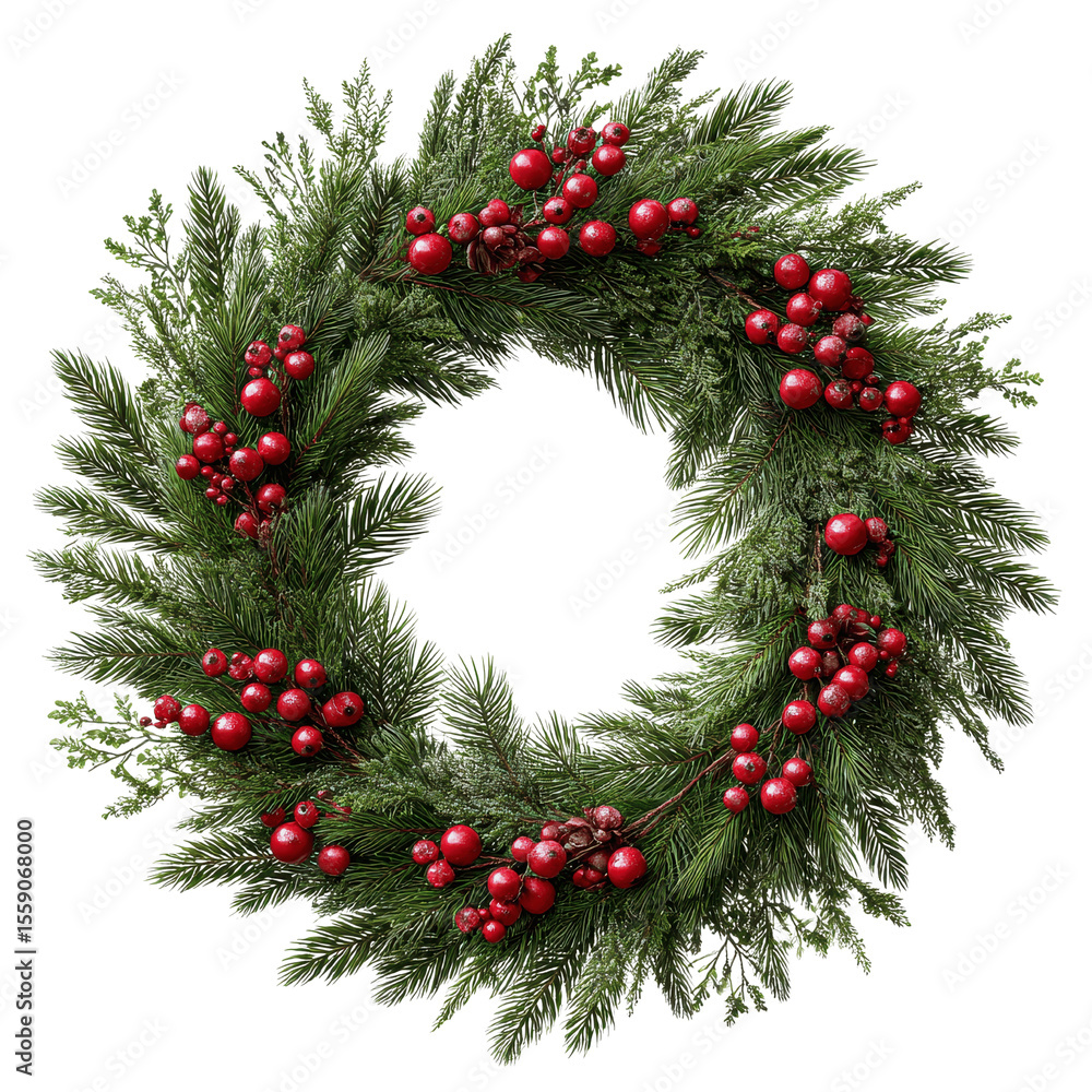 Festive Christmas Wreath with Red Berries and Green Pine Branches Festive Christmas Wreath with Red Berries and Green Pine Branches