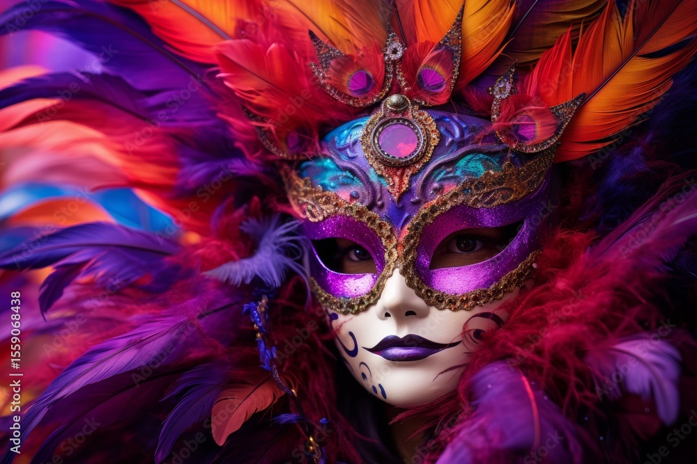 Close up of a colorful venetian mask with feathers, worn by a woman, adding a touch of mystery and elegance Close up of a colorful venetian mask with feathers, worn by a woman, adding a touch of mystery and elegance