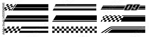 Racing cars and race car stripes set. Checkered flag, motocross labels, dynamic lines, motorsport, racing stripe speed, sport decals, tuning stickers