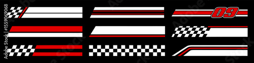 Racing cars and race car stripes set. Checkered flag, motocross labels, dynamic lines, motorsport, racing stripe speed, sport decals, tuning stickers
