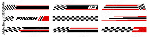 Racing cars and race car stripes set. Checkered flag, motocross labels, dynamic lines, motorsport, racing stripe speed, sport decals, tuning stickers