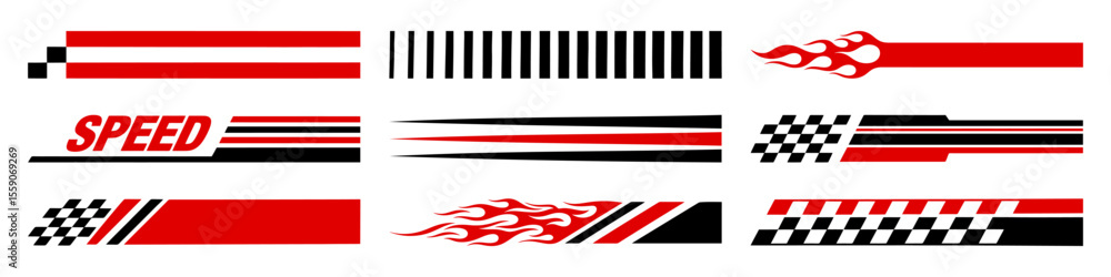 Fototapeta premium Racing cars and race car stripes set. Checkered flag, motocross labels, dynamic lines, motorsport, racing stripe speed, sport decals, tuning stickers