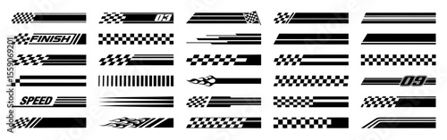 Racing cars and race car stripes set. Checkered flag, motocross labels, dynamic lines, motorsport, racing stripe speed, sport decals, tuning stickers