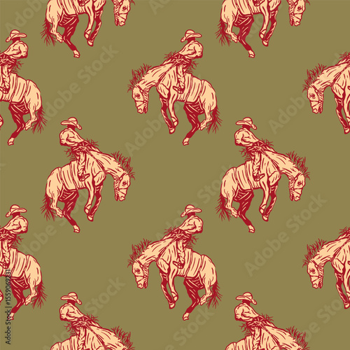 Rodeo Cowboy on Bronco – Western Vintage Pattern, Seamless pattern featuring a cowboy riding a bucking bronco, captured in a vintage western-themed fabrics, wrapping paper, and country-style apparel