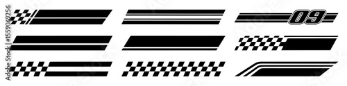Racing cars and race car stripes set. Checkered flag, motocross labels, dynamic lines, motorsport, racing stripe speed, sport decals, tuning stickers