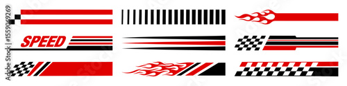 Racing cars and race car stripes set. Checkered flag, motocross labels, dynamic lines, motorsport, racing stripe speed, sport decals, tuning stickers