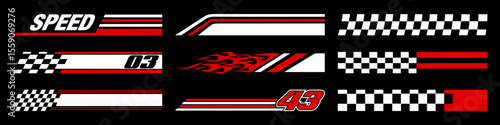 Racing cars and race car stripes set. Checkered flag, motocross labels, dynamic lines, motorsport, racing stripe speed, sport decals, tuning stickers