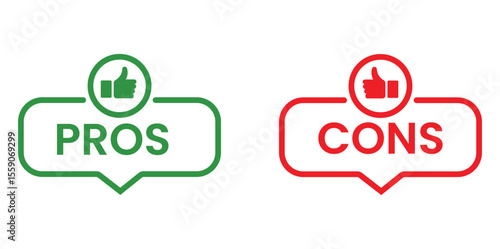 Pros cons in flat design.vector illustration Green and red, check mark flat icons for advantages and disadvantages with thumbs up and down.yes and no information sign