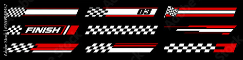 Racing cars and race car stripes set. Checkered flag, motocross labels, dynamic lines, motorsport, racing stripe speed, sport decals, tuning stickers