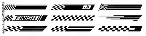 Racing cars and race car stripes set. Checkered flag, motocross labels, dynamic lines, motorsport, racing stripe speed, sport decals, tuning stickers