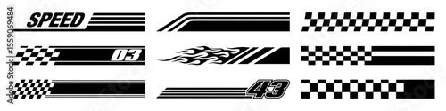 Racing cars and race car stripes set. Checkered flag, motocross labels, dynamic lines, motorsport, racing stripe speed, sport decals, tuning stickers