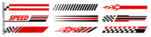 Racing cars and race car stripes set. Checkered flag, motocross labels, dynamic lines, motorsport, racing stripe speed, sport decals, tuning stickers