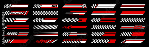 Racing cars and race car stripes set. Checkered flag, motocross labels, dynamic lines, motorsport, racing stripe speed, sport decals, tuning stickers
