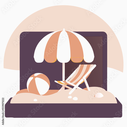 Digital beach vacation scene with umbrella beach chair and ball