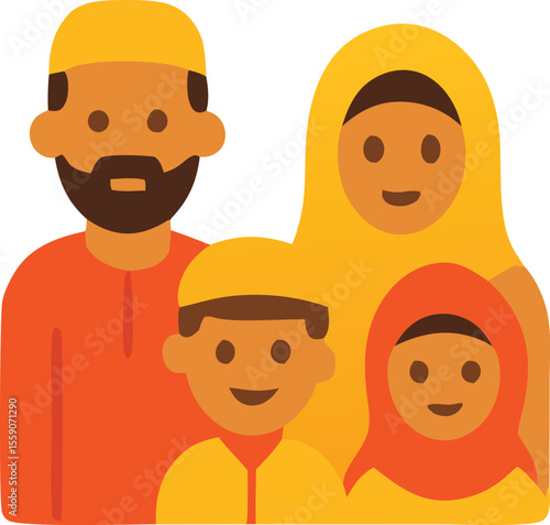 Vector illustration of a happy Muslim family wearing traditional clothing and head coverings with smiling faces and warm tones