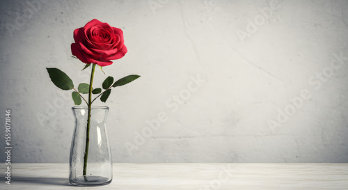 深紅のバラ 一輪挿し 静謐な光 白い背景 (Shinku no bara ichirin zashi seihin na hikari shiroi haikei) Translation: Deep red rose single vase serene light white background. AI Generated