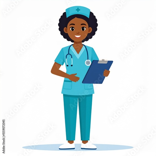 Smiling Female Nurse in Teal Uniform Holding Clipboard